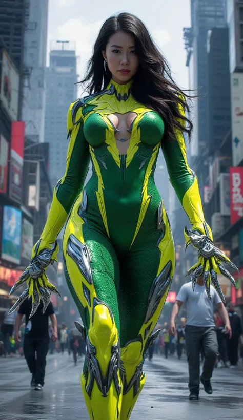 A beautiful, sexy woman from Indonesia who has large, firm breasts wearing a green and yellow Spiderman costume walks in the middle of the city, the image is slightly away from the camera