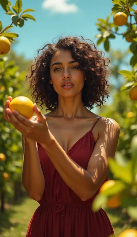 (best quality,4K,8K,high resolution,masterpiece:1.2),Super detailed,(Realistic:1.37),1 a beautiful Italian girl picking lemons in the garden. Slender figure, appetizing shapes. An interesting cinematic pose. Beautiful dark detailed eyes, beautiful detailed...