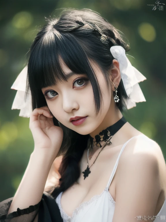     Simple background、 pure white background  、    top quality   , 8k,     1 Japanese woman 、19-year-old female、    beautiful face   、    gothic makeup    、Big Breasts、     innerwear     、 