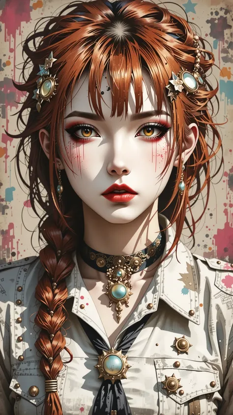 A beautifully detailed, photorealistic 8K masterpiece portrait of Makima from Chainsaw Man, with red braided hair, bangs, and piercing yellow and golden ringed eyes. She wears a white shirt and necktie, with intricate skin texture and pores. The image is s...