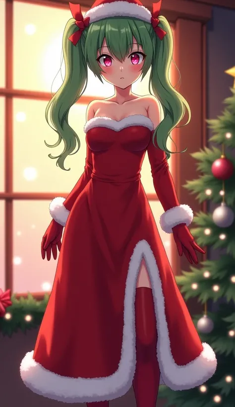 Green hair pigtails ,   tuft covering an eye  ,  neon pink eyes , mujer adulta, girl,  

 Beautiful Santa Claus girl anime ,  full body


Red Santa Claus long dress, opening in one leg , white edges, strapless, red stockings,  long red boots  , long red gl...