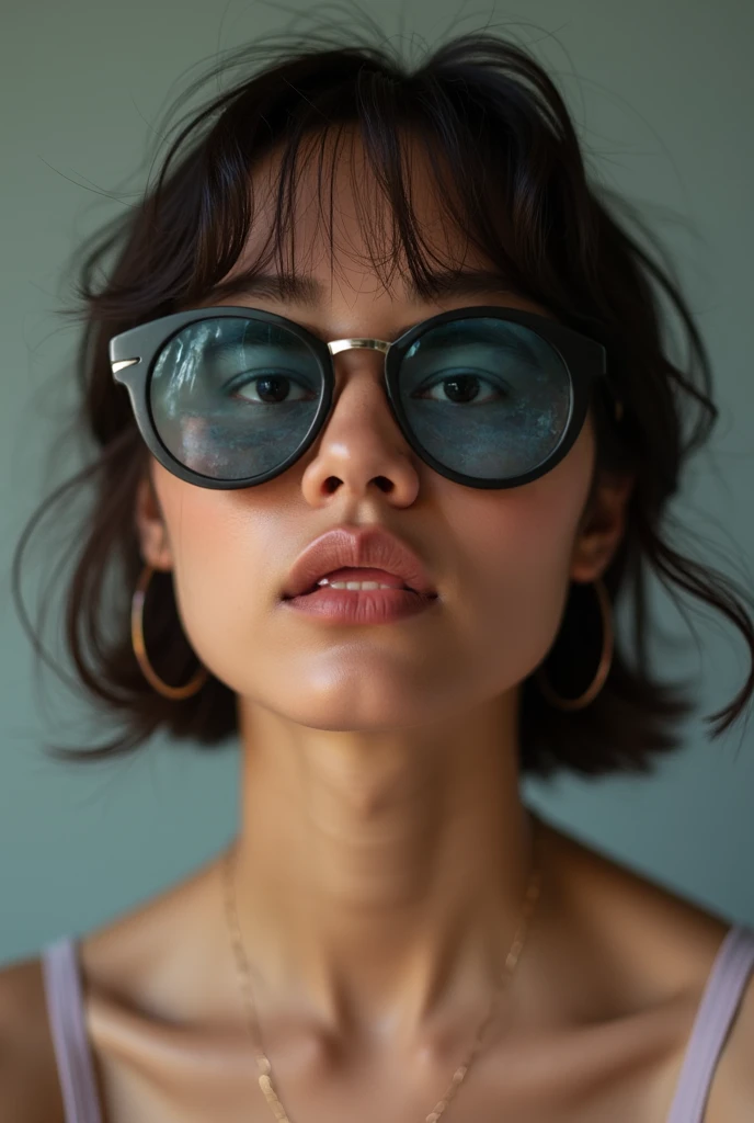 The model is wearing glass sunglasses with stars and the moon on the glass