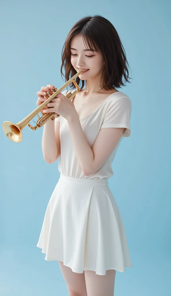 Full body photo of a happy sexy Japanese girl having fun playing the trumpet, luxurious mini skirt dress、 complex 3d rendering of high-definition facial skin to enhance ,  ray tracing, Crazy details,  high resolution,  professional lighting,   perfect shap...