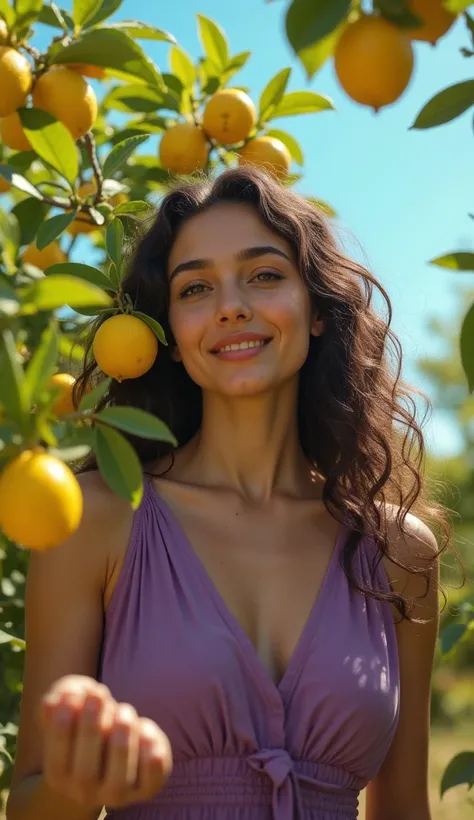 (best quality,4K,8K,high resolution,masterpiece:1.2),Super detailed,(Realistic:1.37),1 a beautiful Italian girl picking lemons in the garden. Slender figure, appetizing shapes. An interesting cinematic pose. Beautiful dark detailed eyes, beautiful detailed...