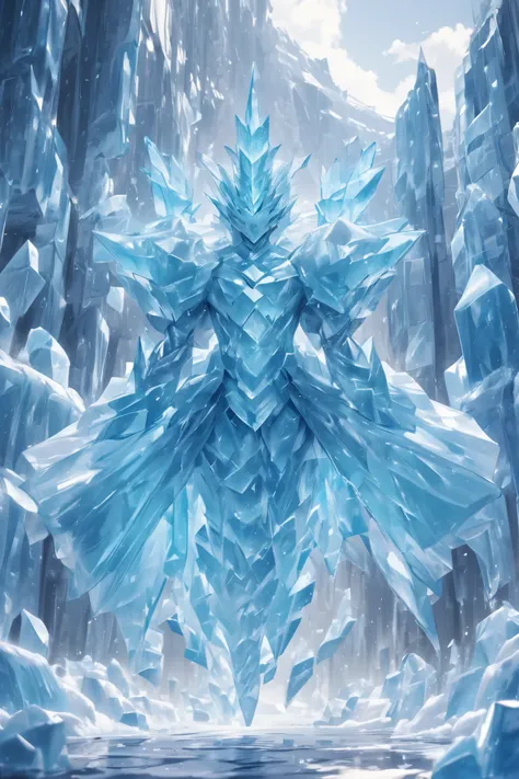 male warrior ice elemental made out of ice blocks with multiple layers of blocks, floating, looks like a warrior, floating with no legs , ((empty gaps between parts of body))