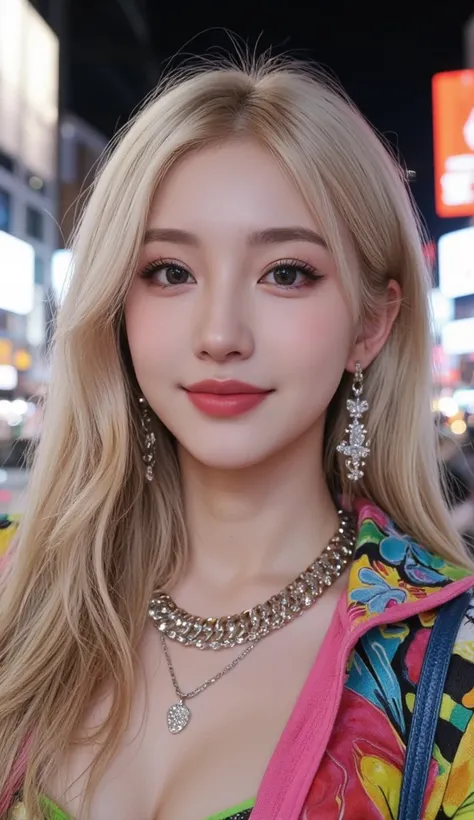 Create a hyper-realistic portrait of a vibrant and cheerful Japanese young woman in her early 20s, styled as a modern gyaru. She has long, voluminous, and slightly wavy platinum blonde hair with perfect shine and texture. Her skin is smooth and radiant, wi...