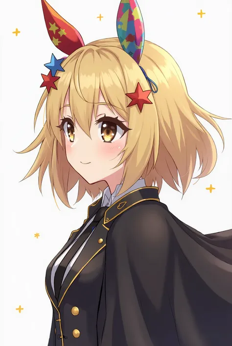 It's anime and female gender ,  has blond bangs and dark brown horse ,  has colorful ears with stars and a colorful star crown,  brown eyes and a black jacket ,  with a black tie and a black cape , for profile picture.