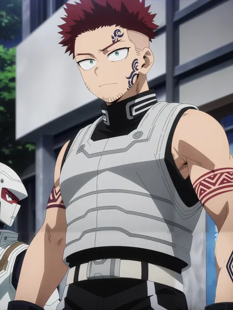 (masterpiece, best quality, anime, anime coloring:1.3, superhigh res). 29yo, 1man, male. A heavyweight fighter with a square jaw, shaved head, and tribal tattoos. Wears a sleeveless red and silver armored vest to accommodate his growing limbs.

My Hero Aca...