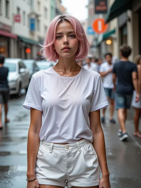 scene on the street,  you see a young girl with short light pink hair disheveled and loose,  she is dressed in a white t-shirt and white shorts, ella tiene un cuerpo 90-60-90,  water jets show men throwing water on top of the girl with some hoses,  the wat...