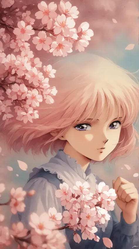 best quality, illustrator anime, style retro classic, Ink Painting、Old paper texture、Damaged Paper、Old style、Faded colors、Close-up of face、A painting in which only the courtesan&#39;s eyes are visible as cherry blossoms fall across the entire screen、Blurre...