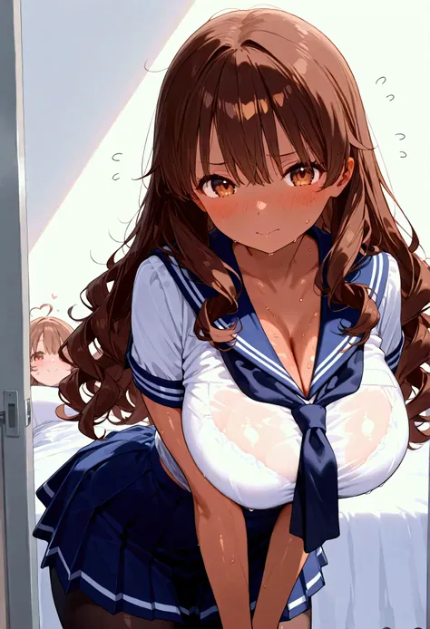  bedroom、whole body、 girl { bright brown hair 、 semi-long、Curly hair、Voluminous Hair、 big breasts、Sunburn、Dark Skin、 embarrassed face、 sailor suit、Summer clothes、short navy blue skirt、 Black Pantyhose 、}、
