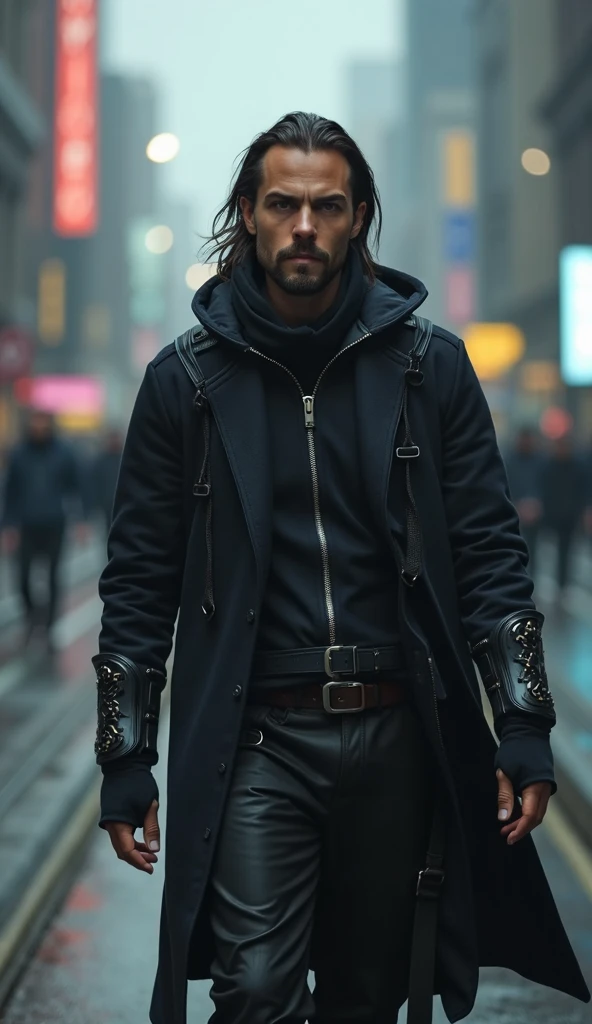 create 5 pictures of a movie character, a dark haired man, a little bald, this man is the main character of a science fiction movie, he is a wanderer, he walks around the city in futuristic clothes, he does not have long hair, cinematic