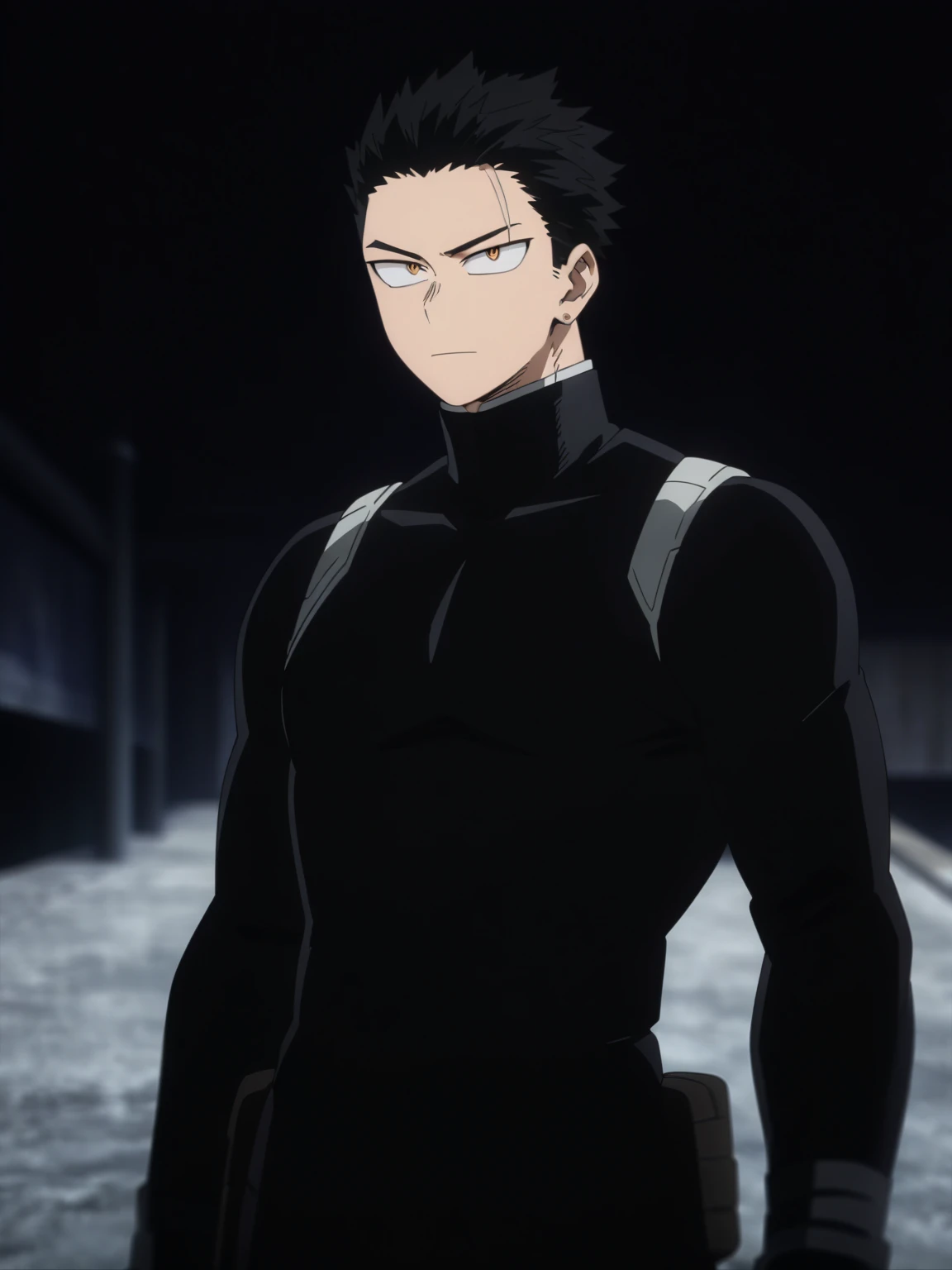 (masterpiece, best quality, anime, anime coloring:1.3, superhigh res). 29yo, 1man, sexy, handsome, male. A lean man with slicked-back black hair and glowing orange eyes. Wears a heat-resistant, dark red and black armored suit.

My Hero Academia character, ...