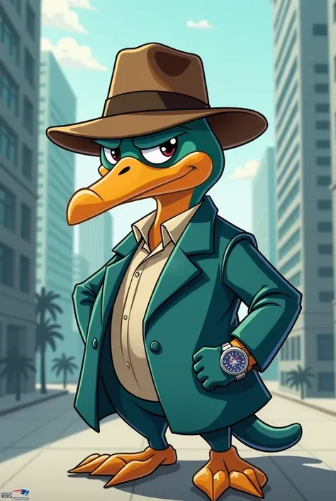 perry the platypus with the hat, com o logo do new england patriots no fundo