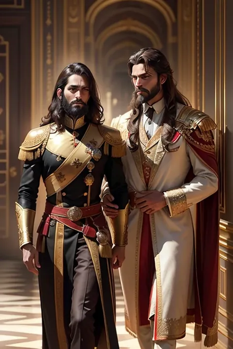 a king in a palace with his lover a handsome man of the nobility , Luxury Royal Palace,  volumetric lighting, 8K resolution,  photorealistic , ultra high quality, opulent and detailed background, Medium-length dark brown hair, pelo despeinado, full beard, ...