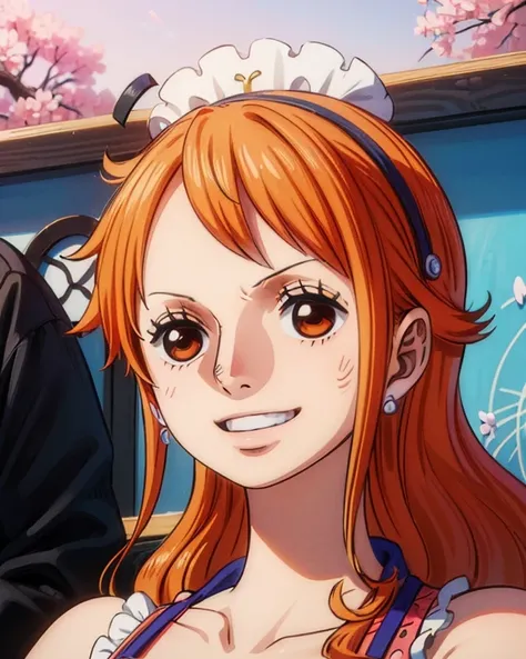 (最高masterpiece,  best quality, 4K, 8k,  high resolution,masterpiece:1.2), Nami in One Piece,smile,Beautiful cherry blossoms