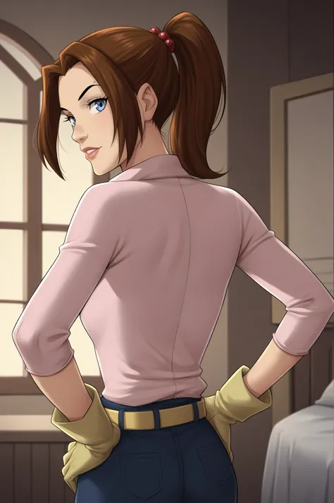 PonyXLV6_ROMPE  ((parody),  perfect anatomy ,  perfect eyes, cowboy shot)  SEXUALLY SUGGESTIVE POSE OF BREAK Kitty Pryde ,  brown hair ,  ponytail , Blue eyes, courtship, raised eyebrow , (( looking back at the viewer )), mono, Gloves,  belt,  medium breas...