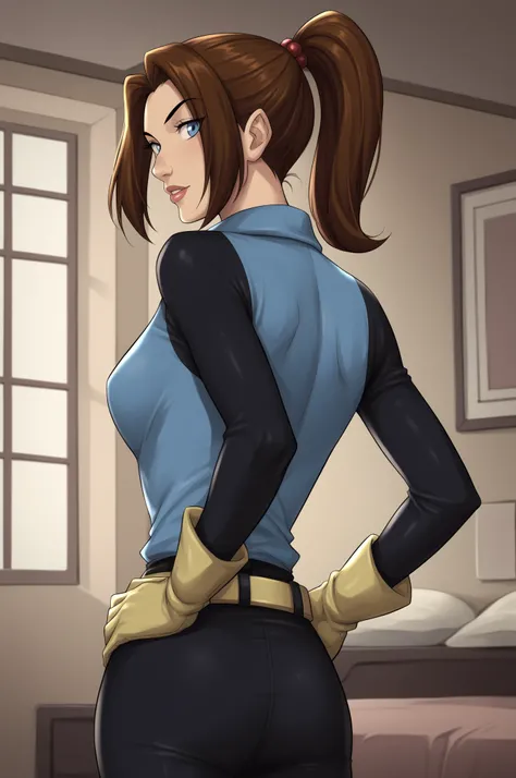 PonyXLV6_ROMPE  ((parody),  perfect anatomy ,  perfect eyes, cowboy shot)  SEXUALLY SUGGESTIVE POSE OF BREAK Kitty Pryde ,  brown hair ,  ponytail , Blue eyes, courtship, raised eyebrow , (( looking back at the viewer )), mono, Gloves,  belt,  medium breas...