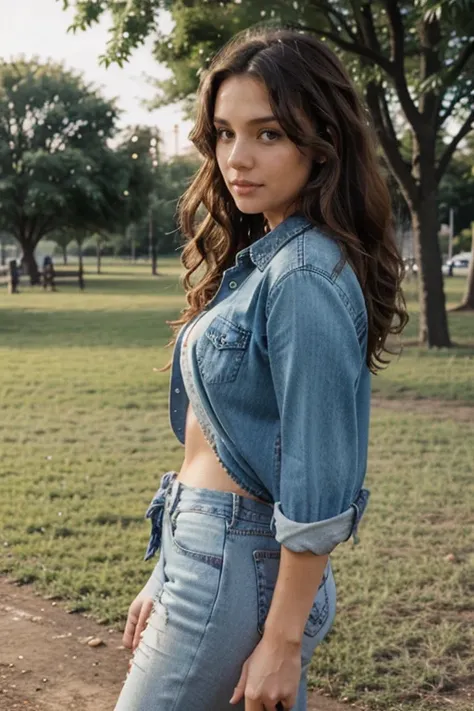 A hot brunette,  curly hair , in a park, clothes marking, denim shirt, bermuda,  tied hair