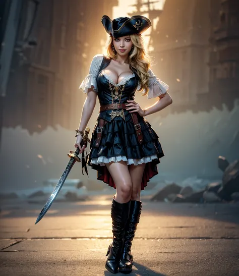 Masterpiece, HDR, Perfect Lighting, Award Winning, Intricate Detail, Textured Skin, Sharp Focus, Depth Of Field, bokeh, pirate girl, sexy dress, big breasts, cleavage, black boot, brown hat, holding a sword, light smile, pirate ship, blonde hair, blue eyes...