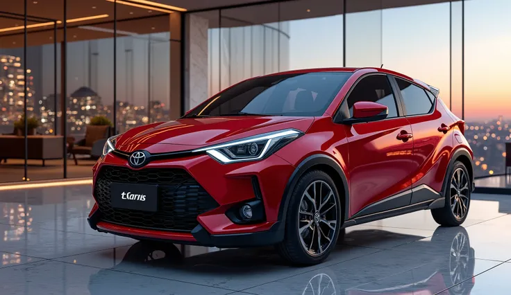 "Create a hyper-realistic 3D angled view of a 2025 red Toyota Yaris Cross, showcasing both the front and side profile in a luxury showroom. The car has a sleek, glossy red finish, with its bold grille, LED headlights, and sharp body lines prominently visib...