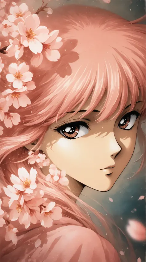 best quality, illustrator anime, style retro classic, Ink Painting、Old paper texture、Damaged Paper、Old style、Faded colors、Close-up of face、A painting in which only the courtesan&#39;s eyes are visible as cherry blossoms fall across the entire screen、Blurre...