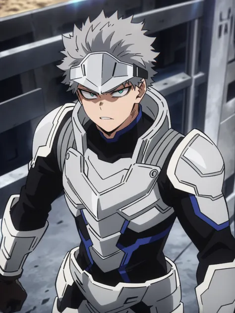 (masterpiece, best quality, anime, anime coloring:1.3, superhigh res). 29yo, 1man, sexy, handsome, male. ((A stoic man with a chiseled jawline and short gray hair. Wears a futuristic blue and silver armored suit with a helmet visor that helps control his b...