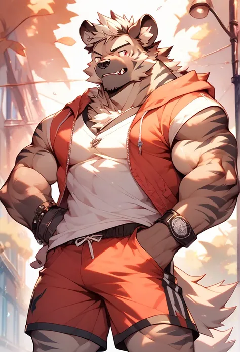 Male, anthropomorphic, striped hyena, strong, red shorts