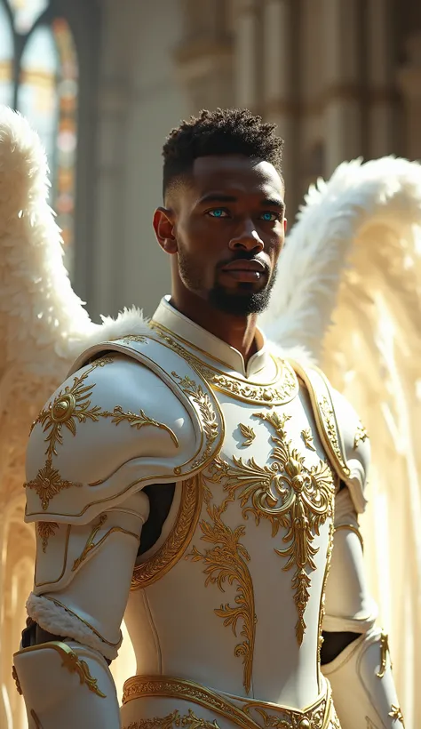 "A majestic and noble male angel standing in a grand cathedral, illuminated by a soft, pure white ambient light that creates a serene and sacred atmosphere. The angel has large, pure white feathery wings that radiate divinity and strength. He is dressed in...