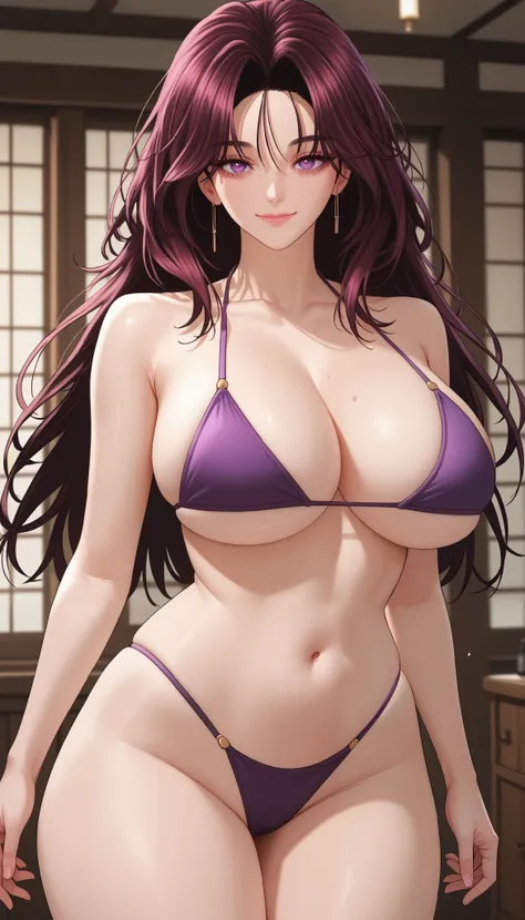 score_9,score_8_up,core_7_up   ,,,,, shindohee,huge breasts, large breasts , curvy , purple hair,milf,purple eyes,  dark magenta hair ,long hair,, sexy, light smile, smile closed mouth,looking at viewer, standing , bikini 