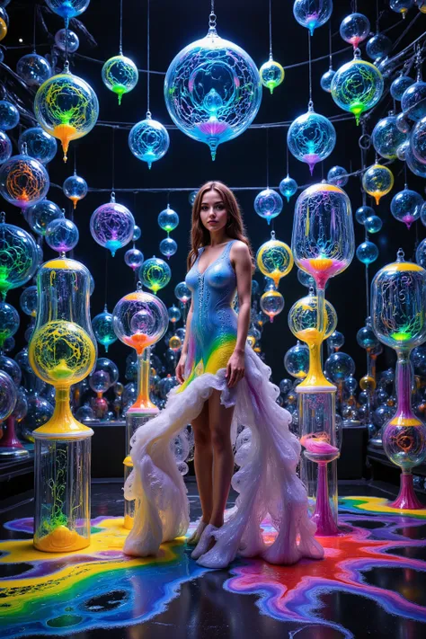 Extreme glow and shine reflect off glass orbs glass bubbles, in a room full of mirrors. Bk9nd4 young woman, very attractive, dress 8s glowing within. Around her reflective bubbles,and the mirrors reflect all the objects. Incorporate perfect symmetry and ro...