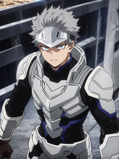 (masterpiece, best quality, anime, anime coloring:1.3, superhigh res). 29yo, 1man, sexy, handsome, male. ((A stoic man with a chiseled jawline and short gray hair. Wears a futuristic blue and silver armored suit with a helmet visor that helps control his b...