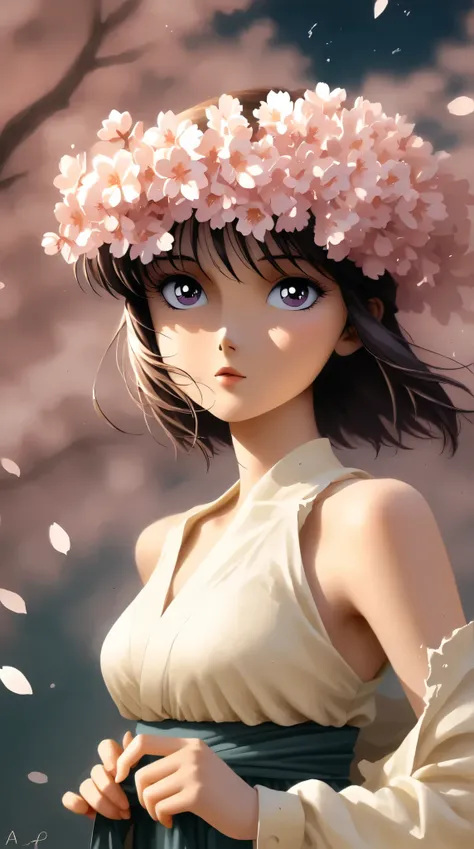 best quality, illustrator anime, style retro classic, Ink Painting、Old paper texture、Damaged Paper、Old style、Faded colors、Close-up of face、A painting in which only the courtesan's eyes are visible as cherry blossoms fall across the entire screen、Blurre...