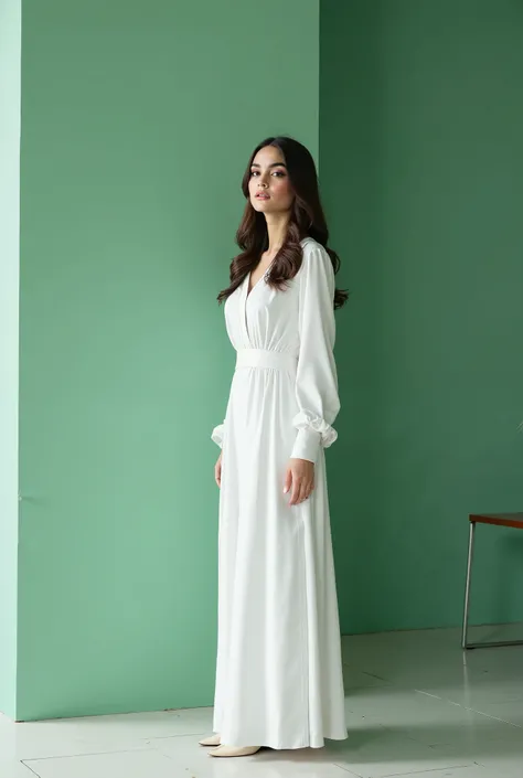 Create image super realistic 8k,white long dressed there is a woman standing in a room with a green wall, a picture inspired by Ruth Jên, tumblr, dau-al-set, 30 years old woman, 3 0 years old woman, photo of the girl, in style of lam manh, dang my linh, ni...