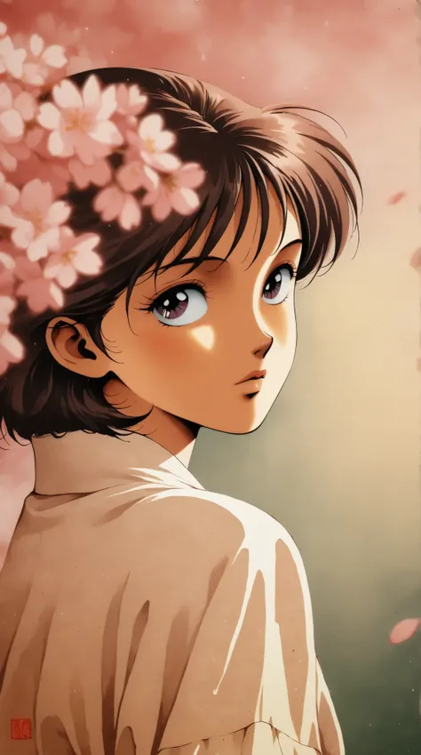 best quality, illustrator anime, style retro classic, Ink Painting、Old paper texture、Damaged Paper、Old style、Faded colors、Close-up of face、cherry blossoms, Blurred Painting