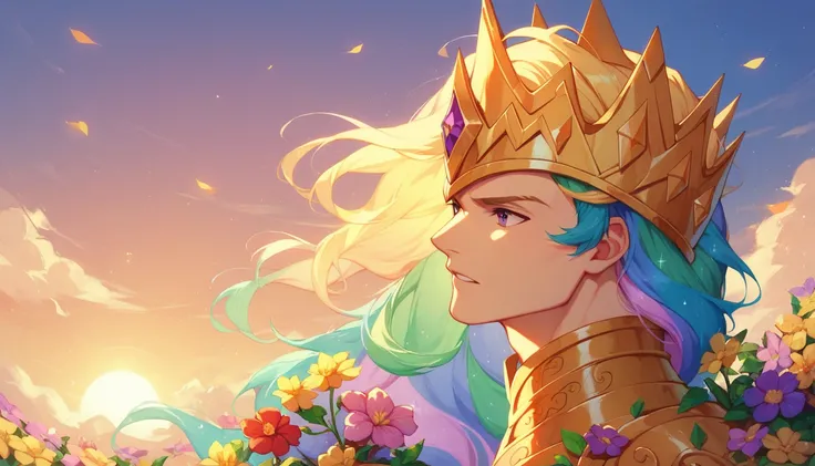 score_9, score_8_up, score_7_up, score_6_up, Male princess celestia, solo, orange and yellow mane wearing golden kings crown and golden body armor, meadow, outside, flower meadow, sunset