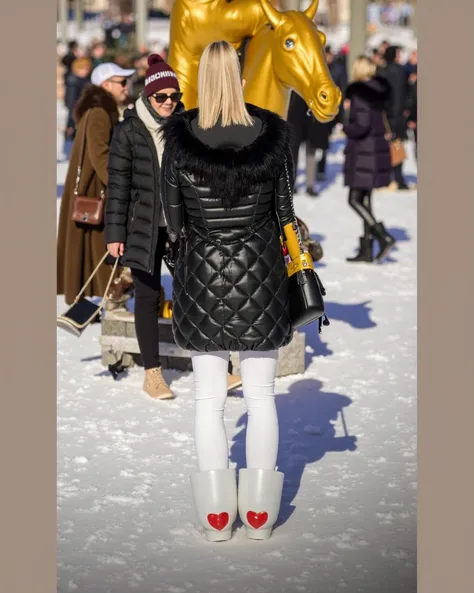 Most beautiful and ultra sophisticated girl, 19 years old, with sun-kissed platinum-blonde ponytail hair, She is not looking at the camera, the girl wears an ultra-luxurious and shiny black down jacket with extreme luxurious diamonds on the stitching, she ...