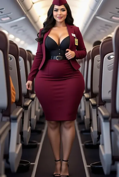 Stewardess, mature, 48 years old. Pear-shaped body, wasp waist, wide hips, thick legs. large and round busts. She wears a tight burgundy skirt with a thin black belt, a tight, low-cut black blouse with the buttons unbuttoned, a tight burgundy coat fastened...