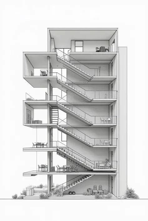 Schematic, uproszczony przekrój pionowy przez budynek mieszkalny wielorodzinny z widocznymi mieszkaniami z instalacją grzewczą i grzejnikami, common part in the form of an internal staircase visible in cross-section through all floors with basement and cei...