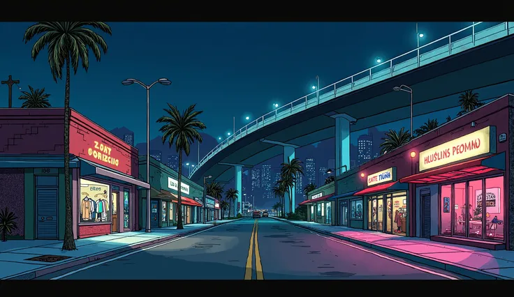  illustration style from the game GTA San Andreas in the city of Los Santos at night, viaducts and buildings on the horizon ,  in the foreground storefronts on a motionless street , Clothing stores, accessories, bars and restaurants,  all facades with sign...