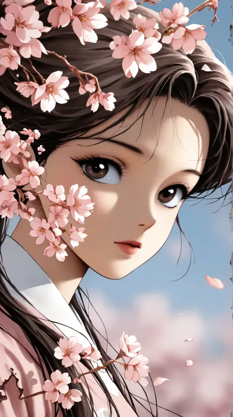 best quality, illustrator anime, style retro classic, Ink Painting、Old paper texture、Damaged Paper、Old style、Faded colors、korean girl, close up face, portrait、cherry blossoms, Blurred Painting