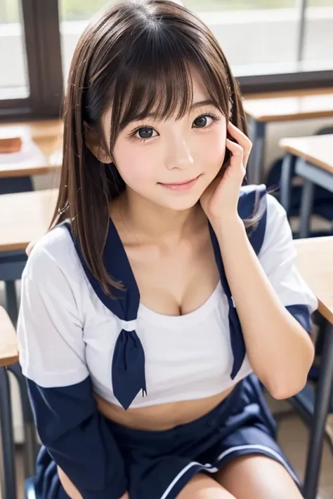  best quality 、 woman，( Hide your face with your left hand) ,(  Japanese Girl), Round face, slightly clumsy face, big eyes、whole body，((  black hair))， （loose side tee-hair）、( highlight your stomach)、  Japanese 、  sailor suit 、 Junior high school students ...