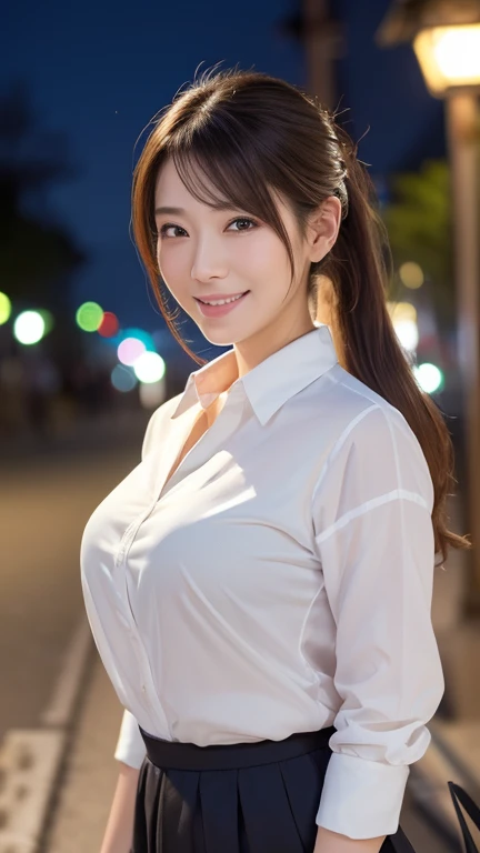 (( best quality)), ((8k)), ((masterpiece: 1.3)), (Perfect Look), ( photorealism: 1.6), (JMA), (Ain), ( Japanese mature ), （I'm wearing a colored business shirt),One mature woman,wife,Night Street Lights , best quality,masterpiece, extremely delicate and be...