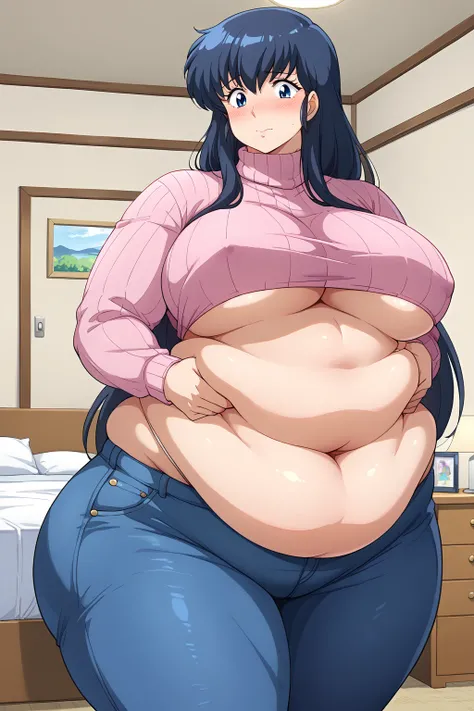  kyoko otonashi, long hair、紺色の髪、Dark blue eyes、 pink sweater 、 turtleneck,Blue jeans ,Sloppy belly fat,bedroom, troubled expression, embarrassed expression ,blush,milf,Severe obesity, score_9,  score_8_ up、 score_7_ up、 score_6_ up、 score_5_ up、 score_4_ u...