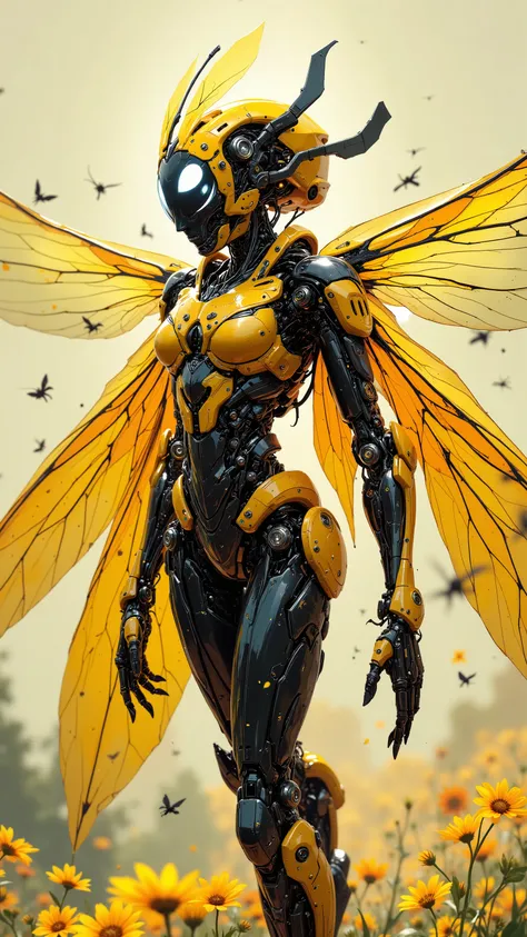 8k, masterpiece, highest quality, Robotic bee woman humanoid, biomechanical insect cyborg, yellow and black color scheme, translucent wings, futuristic design, sleek armor plating, antennae, compound eyes, floating flower petals, intricate mechanical detai...