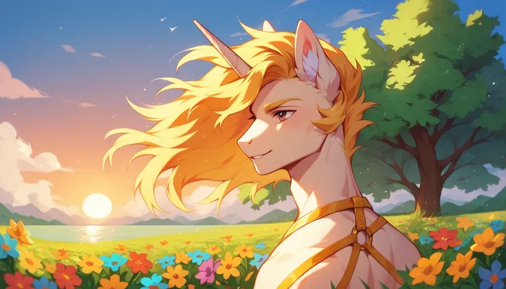 score_9, score_8_up, score_7_up, score_6_up, Male princess celestia with no crown, solo, orange and yellow mane wearing golden body straps, meadow, outside, flower meadow, sunset