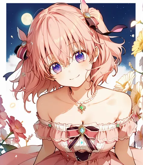 (Anime_source), smile, white background, athanasia, 1girl, purple eyes, short hair, pink hair, bangs, medium breasts, hair between eyes, cheerful smile, brooch, hair ribbon,flowers , hair ornament, collarbone, bare shoulders, pink dress, hair flying, side,...