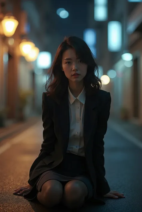 masterpiece, 8k, Photorealistic, beautiful Japanese mature woman, 40 years old, beautiful office worker, detailed face, business suits, pencil skirt, pantyhose, sitting on the floor, night street, bokeh