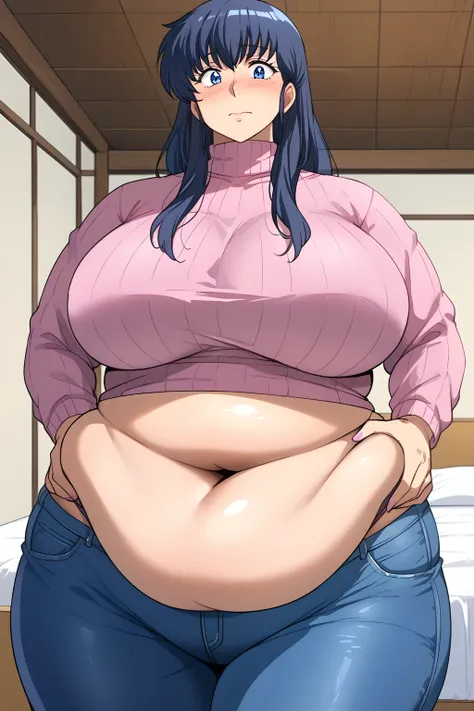  kyoko otonashi, long hair、紺色の髪、Dark blue eyes、 pink sweater 、 turtleneck,Blue jeans ,Sloppy belly fat,bedroom, troubled expression, embarrassed expression ,blush,milf,Severe obesity, score_9,  score_8_ up、 score_7_ up、 score_6_ up、 score_5_ up、 score_4_ u...