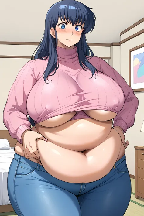  kyoko otonashi, long hair、紺色の髪、Dark blue eyes、 pink sweater 、 turtleneck,Blue jeans ,Sloppy belly fat,bedroom, troubled expression, embarrassed expression ,blush,milf,Severe obesity, score_9,  score_8_ up、 score_7_ up、 score_6_ up、 score_5_ up、 score_4_ u...